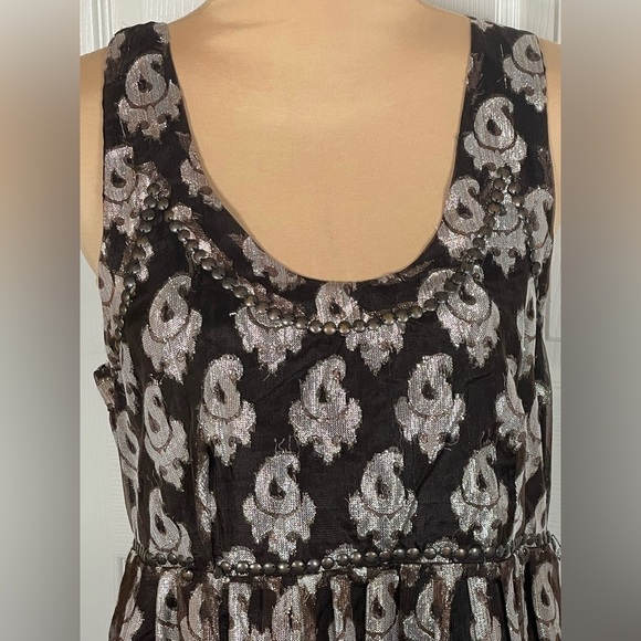 Free People 🖤 Jacquard Sleeveless Mini Dress Black Tan Metallic Studs Womens 10 - Picture 7 of 13